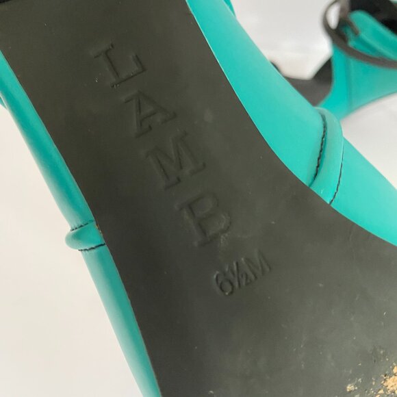 L.A.M.B. Bambi Pumps Teal Black Leather Heels 6.5 Ankle Strap - Picture 10 of 11